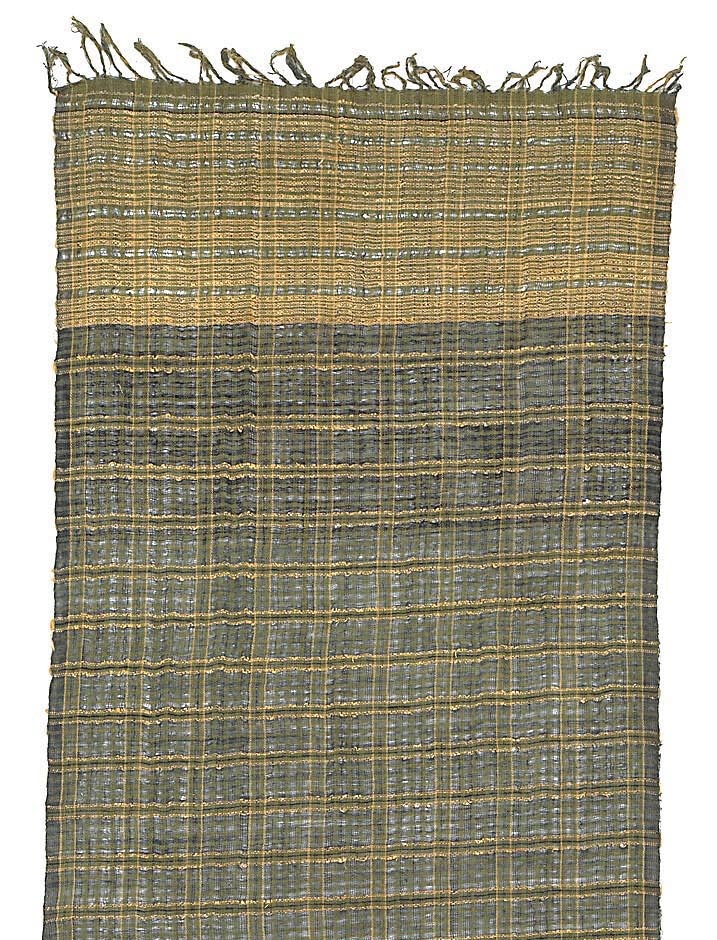 Portion of a ceremonial textile. Cotton and gold-leaf-on-paper-strip-wrapped bast fiber, probably ramie; bands of plain weave; knotted main warp fringe. Source: Bali, Indonesia. 1801-1900. Courtesy of Art Institute of Chicago, CC0 license