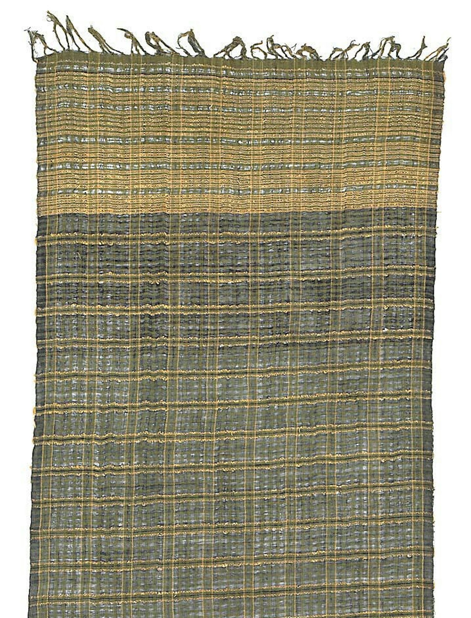 Portion of a ceremonial textile. Cotton and gold-leaf-on-paper-strip-wrapped bast fiber, probably ramie; bands of plain weave; knotted main warp fringe. Source: Bali, Indonesia. 1801-1900. Courtesy of Art Institute of Chicago, CC0 license