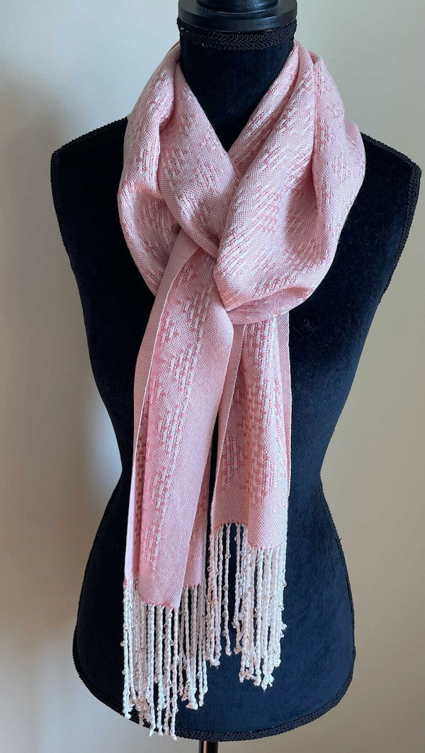 Salmon: Linda Riley’s version of Sharon Alderman’s Silk Lace Shawl design
