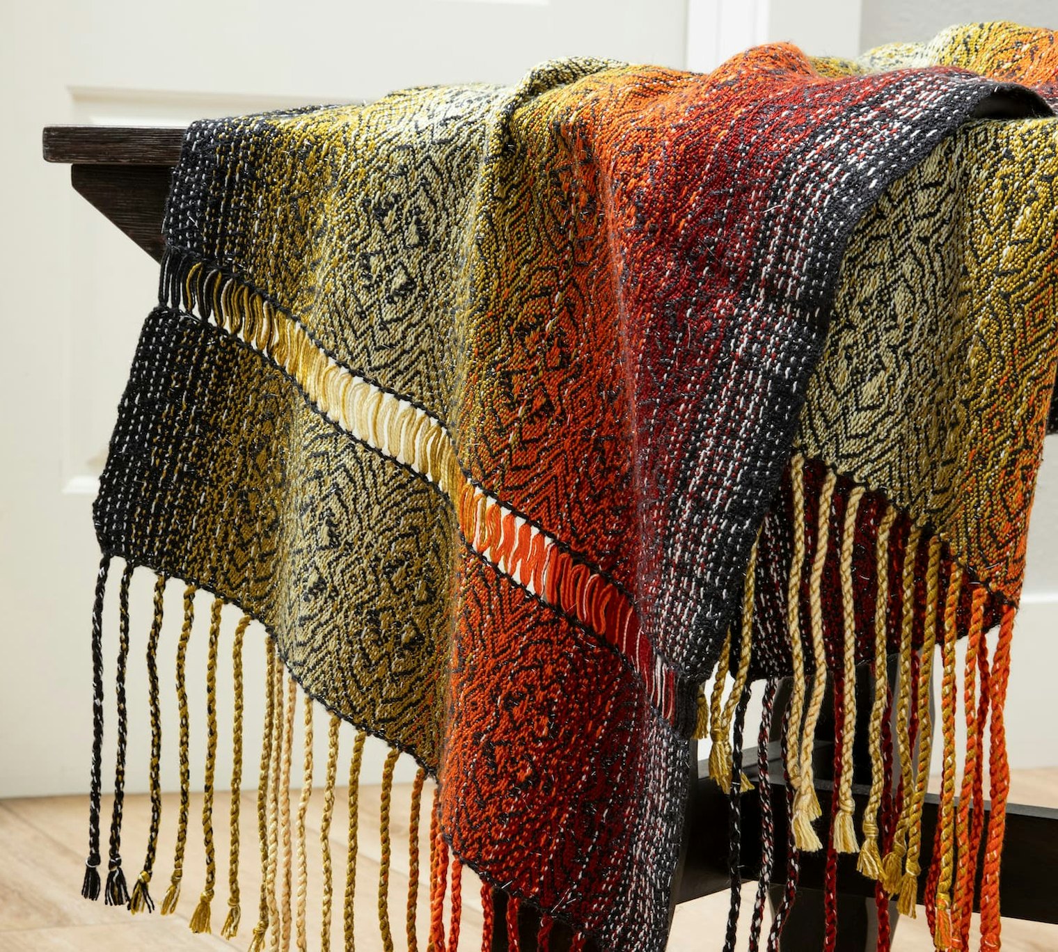 Two lines of hemstitching provide a dramatic effect in Samantha Haring’s Monarch Scarf.
