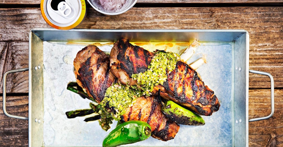 Beer-Brined New York Strip with Grilled Jalapeño and Chimichurri Recipe Image