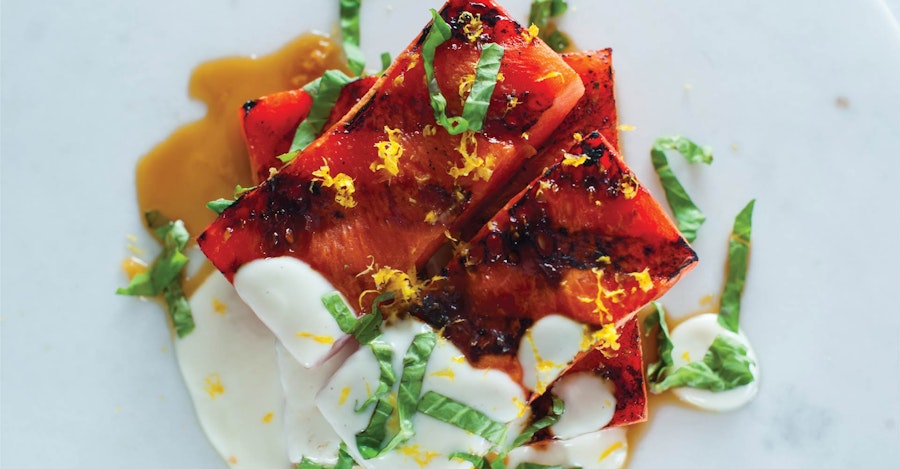 Grilling with Lager: Grilled Watermelon with Lemon Zest, Basil, and Goat Cheese-Yogurt Sauce