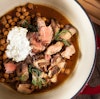 Cooking with Beer: Smoke-Grilled Leg of Lamb with Stout-Braised Garbanzo Beans and Herbed Tzatziki Image
