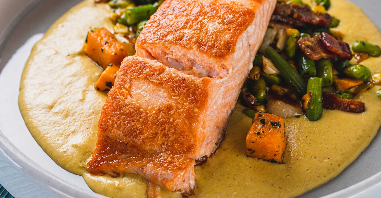 Cooking with Lager: Seared Salmon with Sweet Potato–Edamame Succotash and Sweet Corn Puree Primary Image