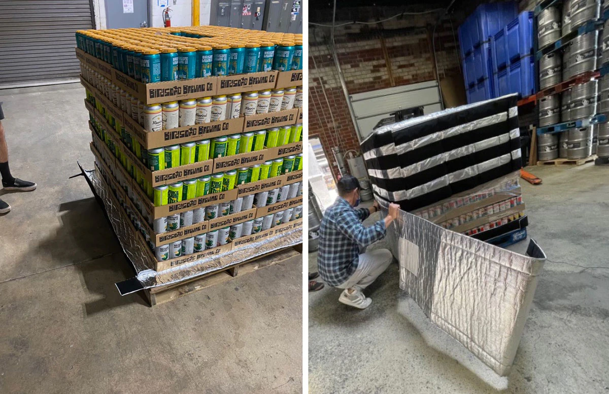 A skid stacked with cans of beer and the Pallet Parka assembly process.