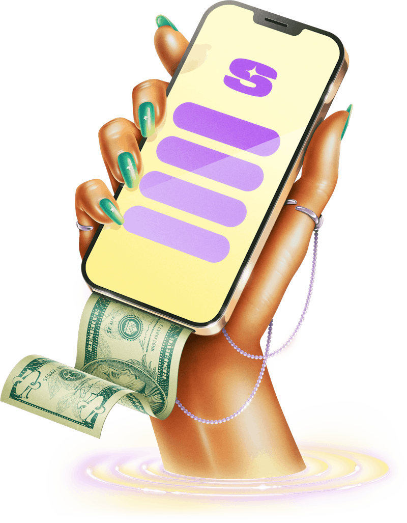 Illustration of a hand holding a phone with a Snipfeed page on the screen. A note with Snipfeed currency is coming out of the bottom of the phone