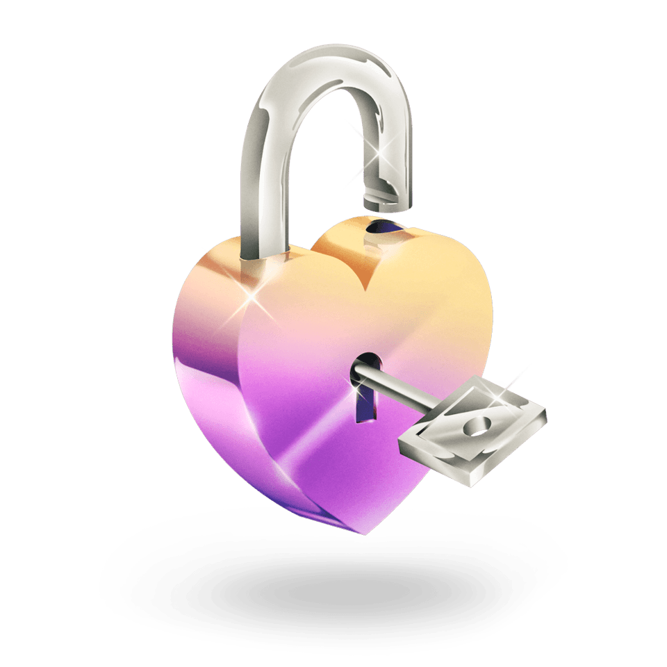 Illustration of a heart-shaped unlocked padlock with the key in the keyhole