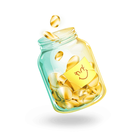 Illustration of a tip jar with a post it on the front with a smiley face, filled with gold coins with some falling into the jar