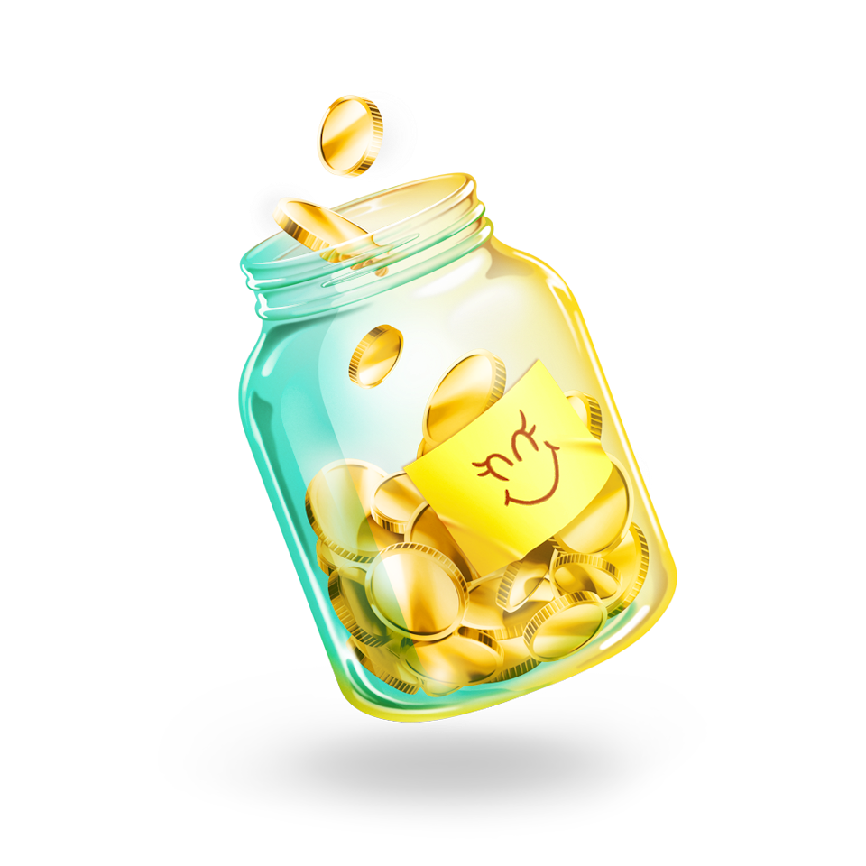 Illustration of a tip jar with a post it on the front with a smiley face, filled with gold coins with some falling into the jar