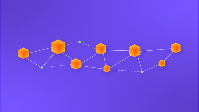 A series of orange blocks connected by lines to make them a change with a purple background.