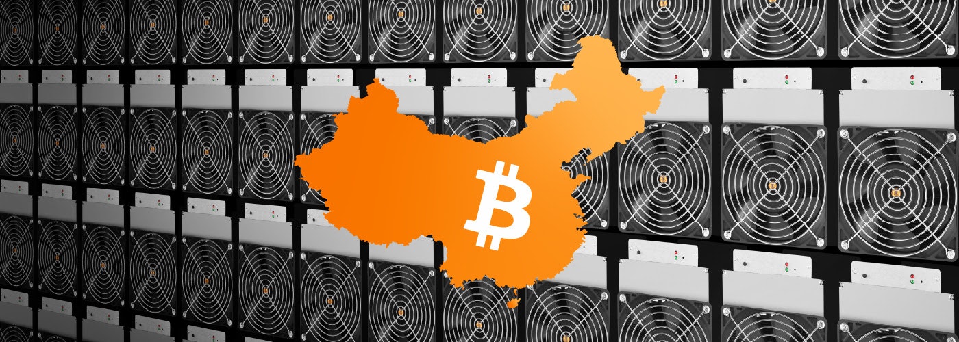The shape of China superimposed over a bitcoin mining rig.