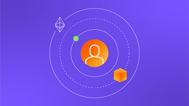 Purple background - series of circles with the figure of a person in the middle, a cryptocurrency in the next layer, a block in the next layer, and the Ethereum symbol in the outermost layer.