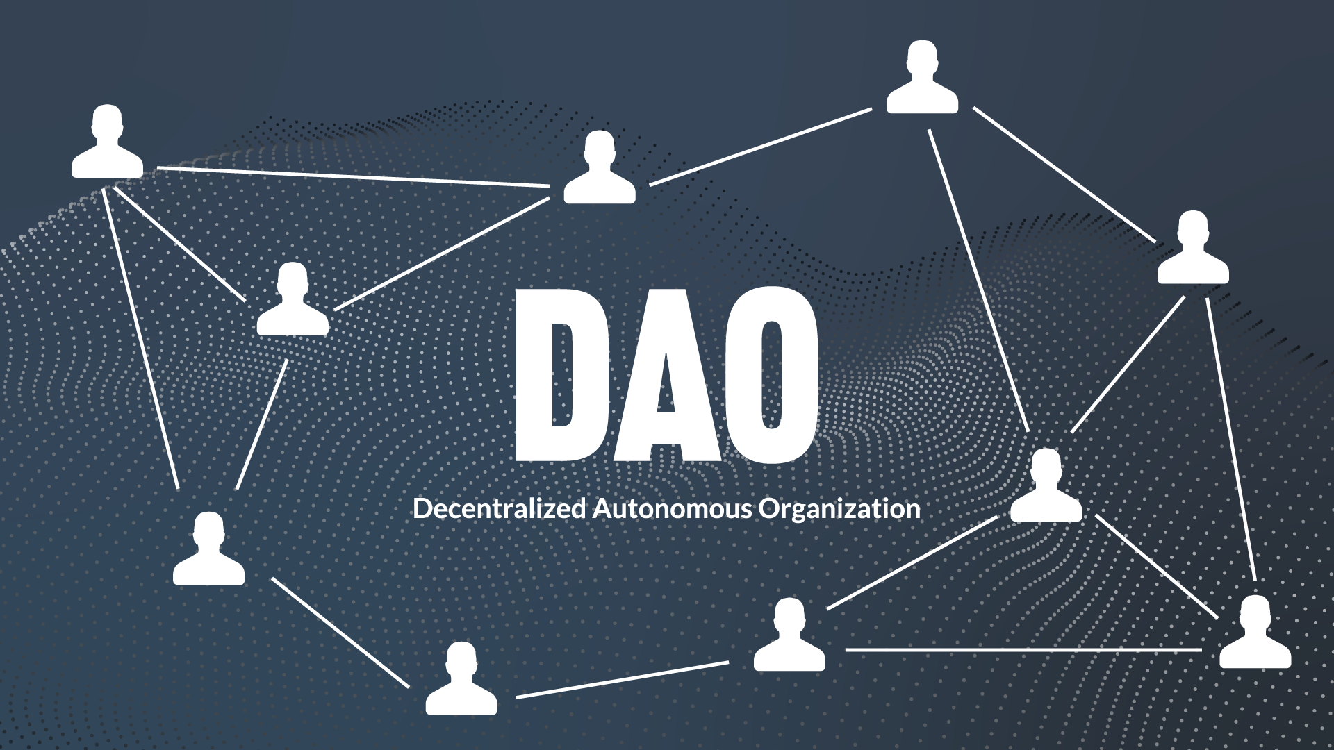 Graphic image of DAO representing decentralized autonomous organization with network of silhouettes against navy blue background