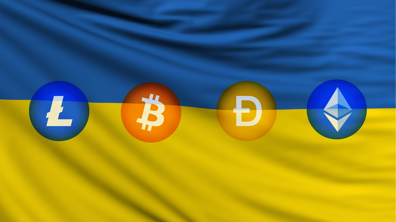 The Ukrainian national flag with logos of different cryptocurrency tokens superimposed in front of it.