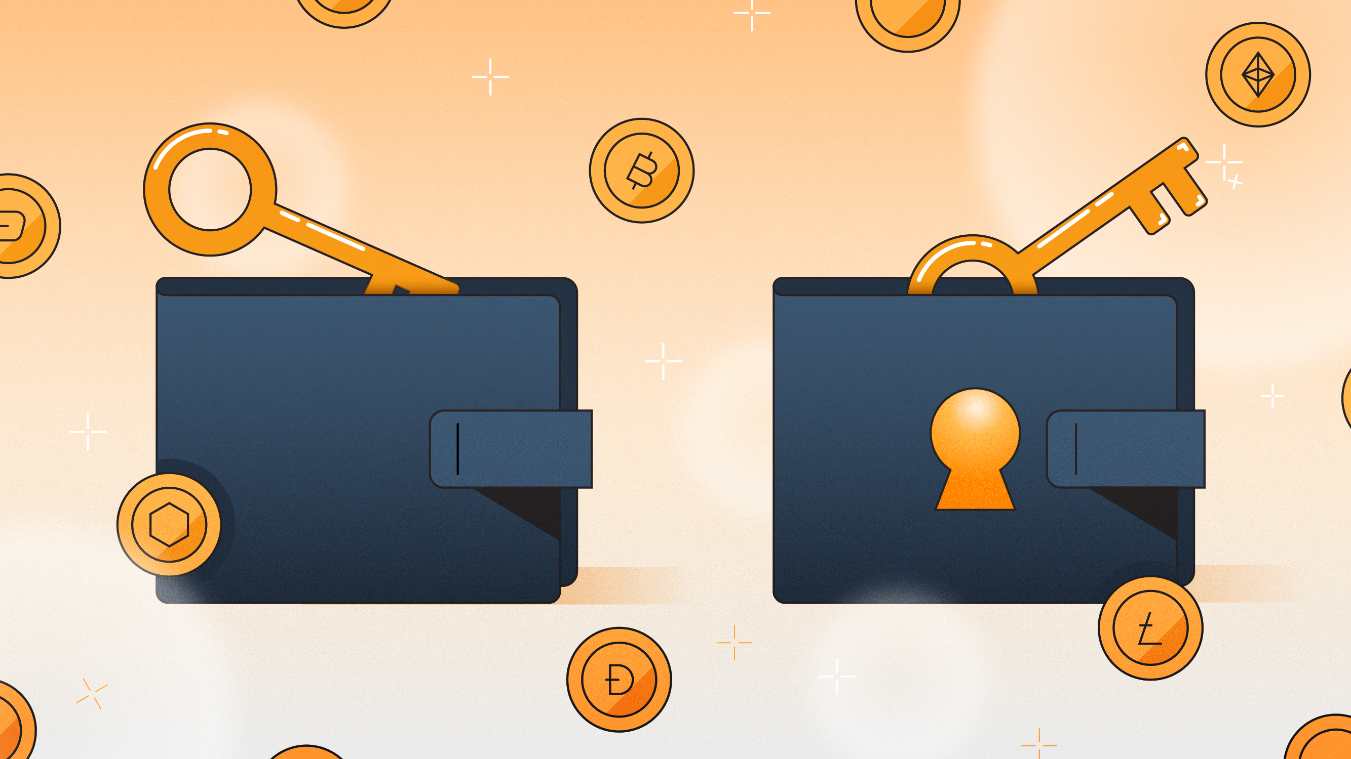 Blue-and-orange illustrations signifying custodial and self-custodial wallets, surrounded by key imagery and logos of various cryptocurrency coin logos.