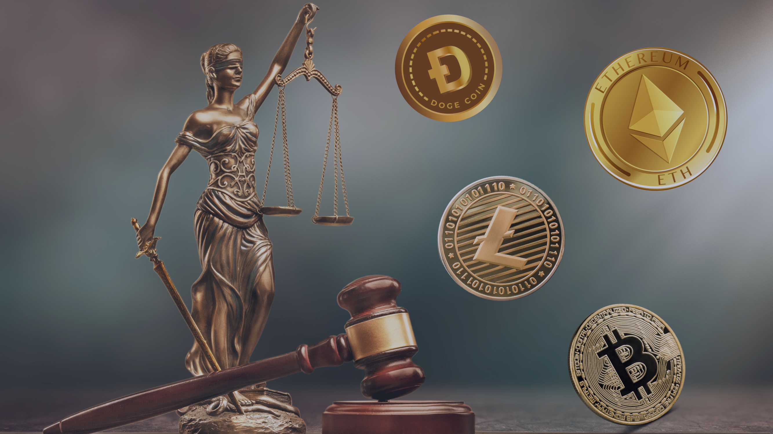 The scales of justice, surrounded by a gavel and coin logos representing cryptocurrency