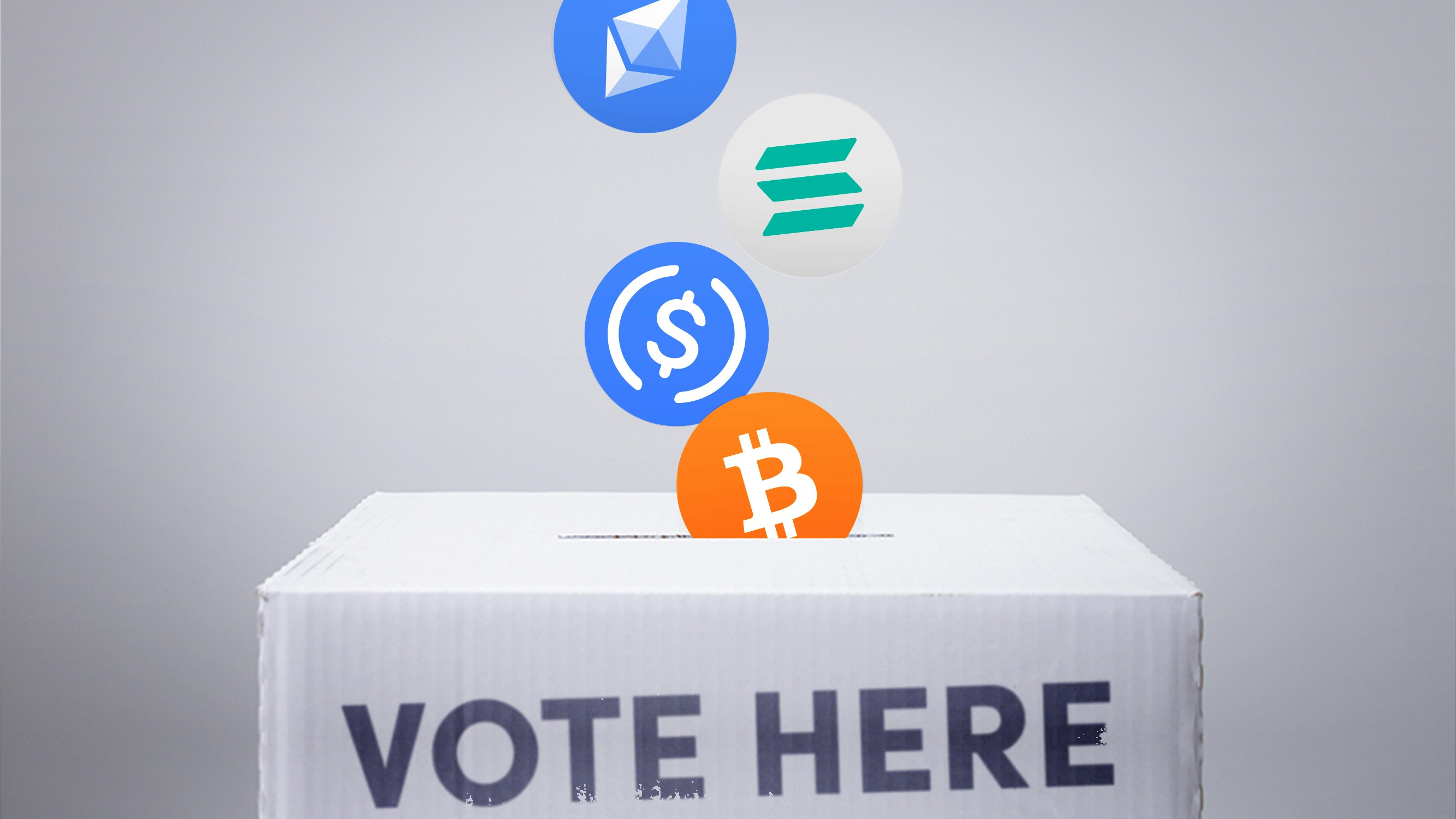 icons for various cryptocurrency bitcoin ethereum solana USDC dropping into ballot box with 'VOTE HERE' printed on side