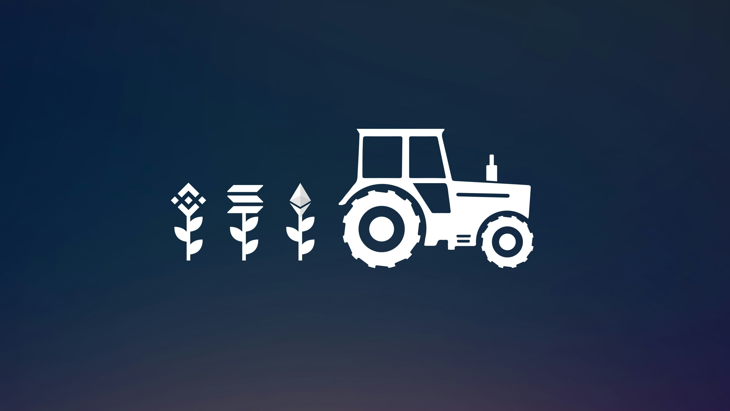 Graphic illustration of tractor with cryptocurrency icons behind it