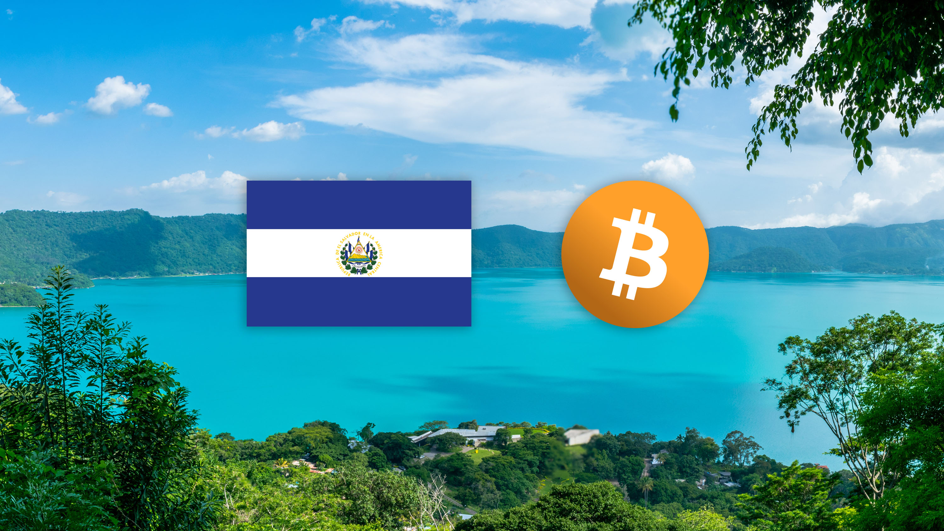 Image of a tropical scene with El Salvador flag and Bitcoin logo