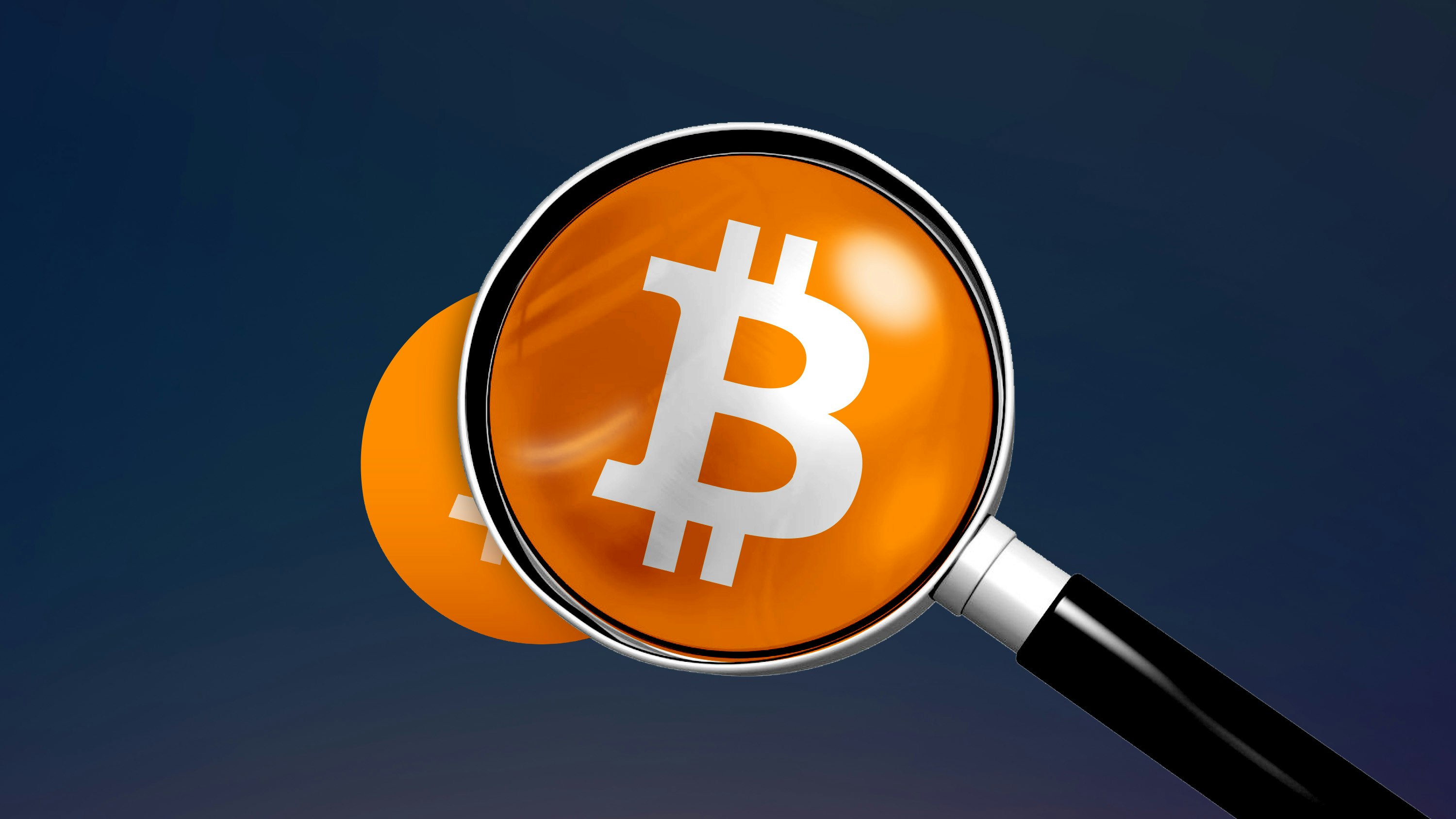 orange bitcoin logo underneath magnifying glass against dark blue background