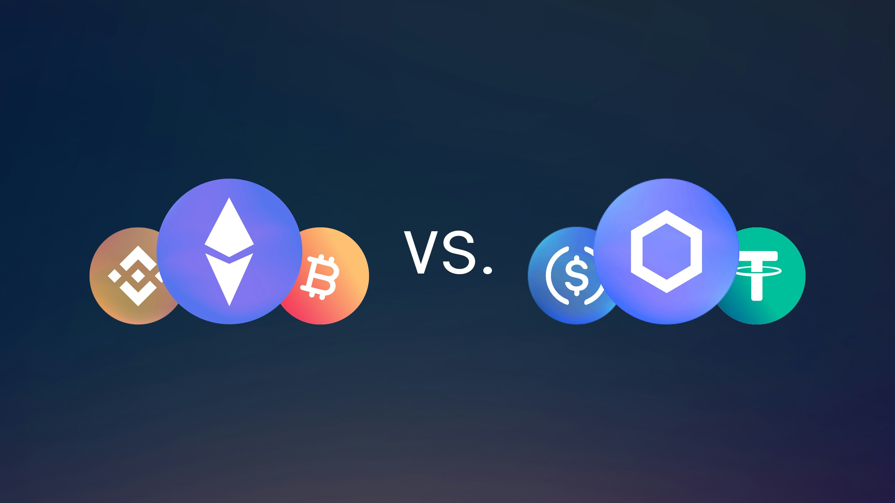 crypto coin icons opposing crypto token icons in graphic against dark blue background