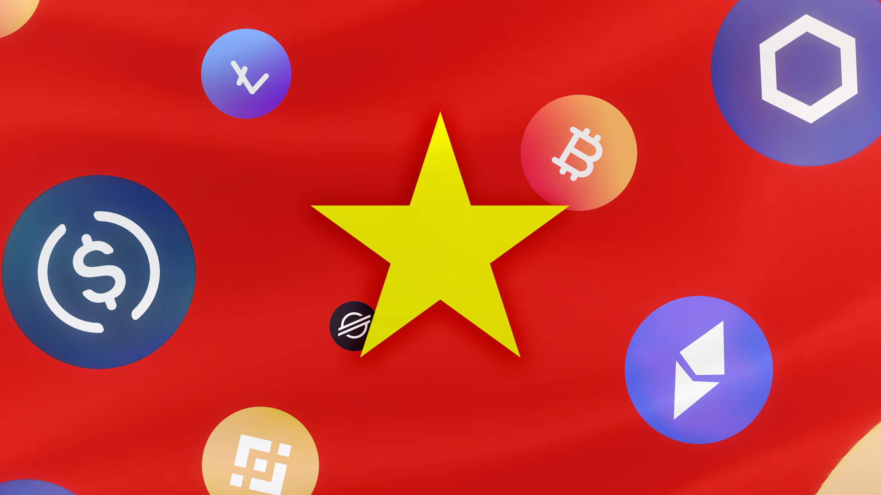 graphic inspired by national flag of vietnam with crypto icons superimposed against red background