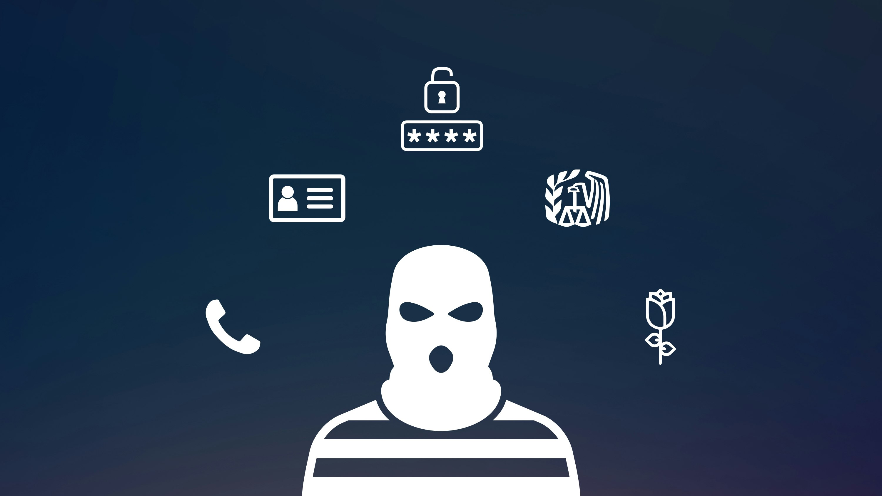 graphic of burglar surrounded by phone icon, lock and password icon, red rose icon, federal agency icon, online profile icon against dark blue background
