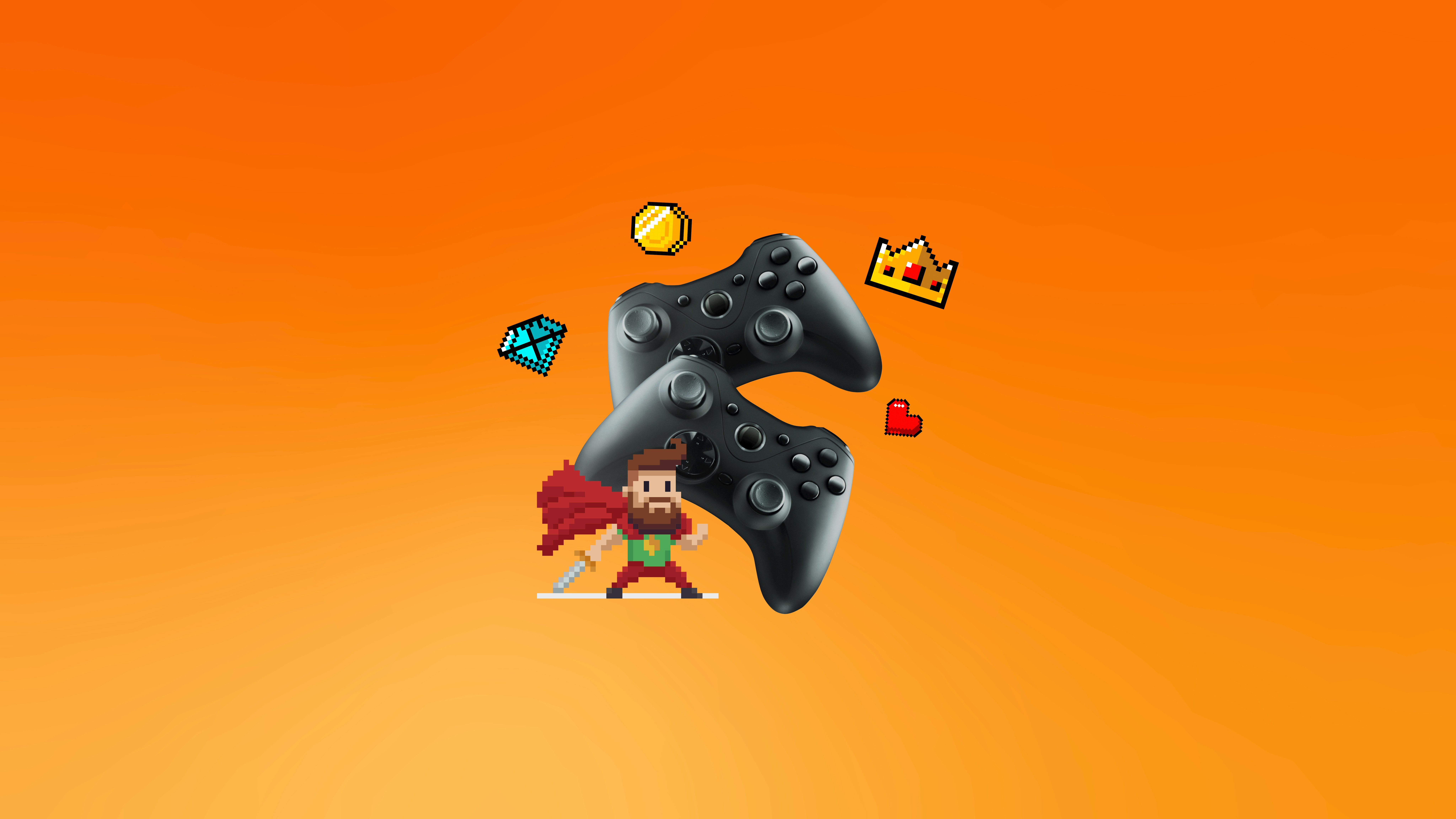 digital collage of video game controllers, pixelated game icons including a diamond, bejeweled crown, sword-wielding hero, gold coin, and red heart