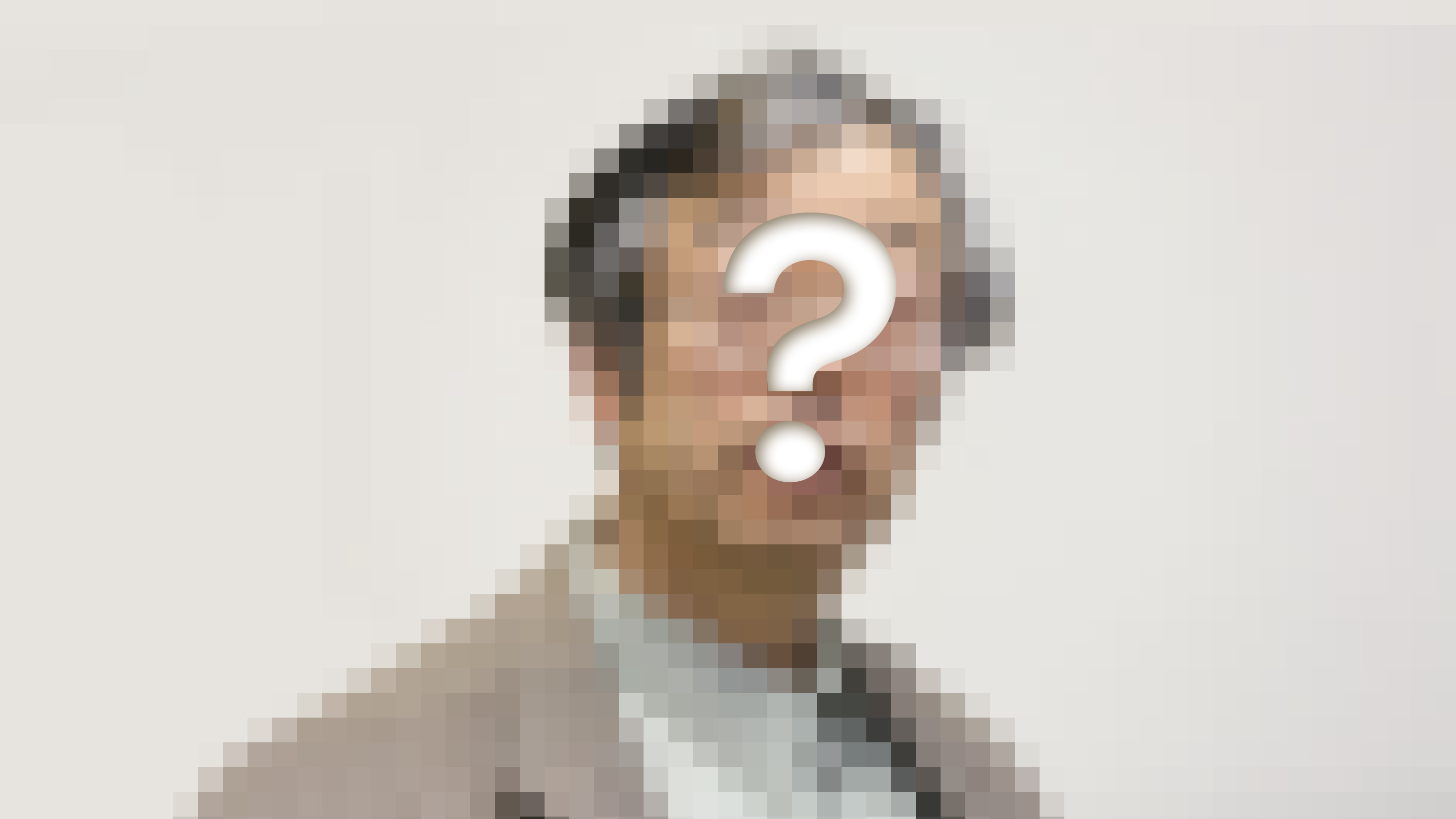 pixelated photograph of man with graying hair and tan blazer with question mark superimposed over the man's face