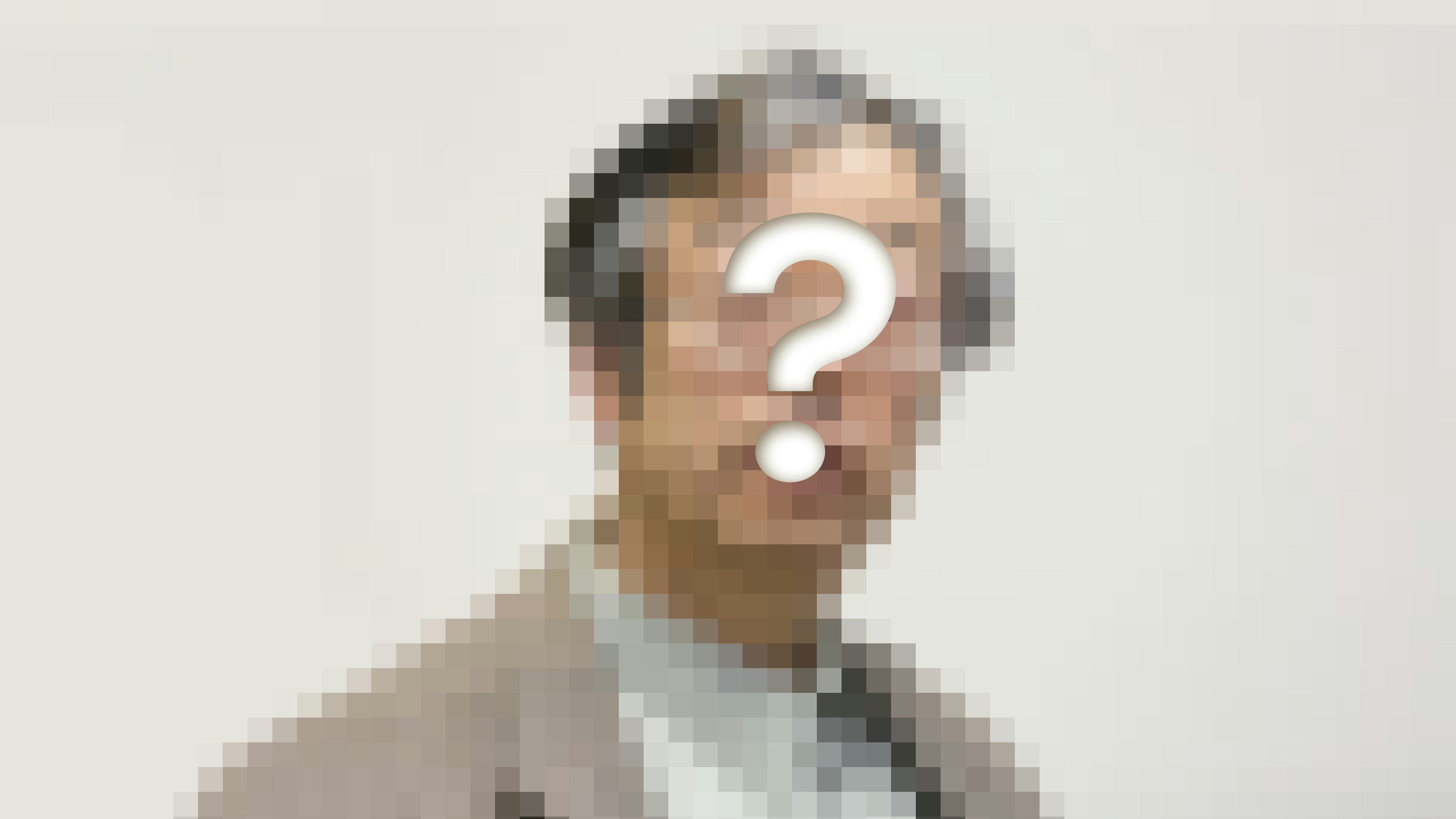 pixelated photograph of man with graying hair and tan blazer with question mark superimposed over the man's face