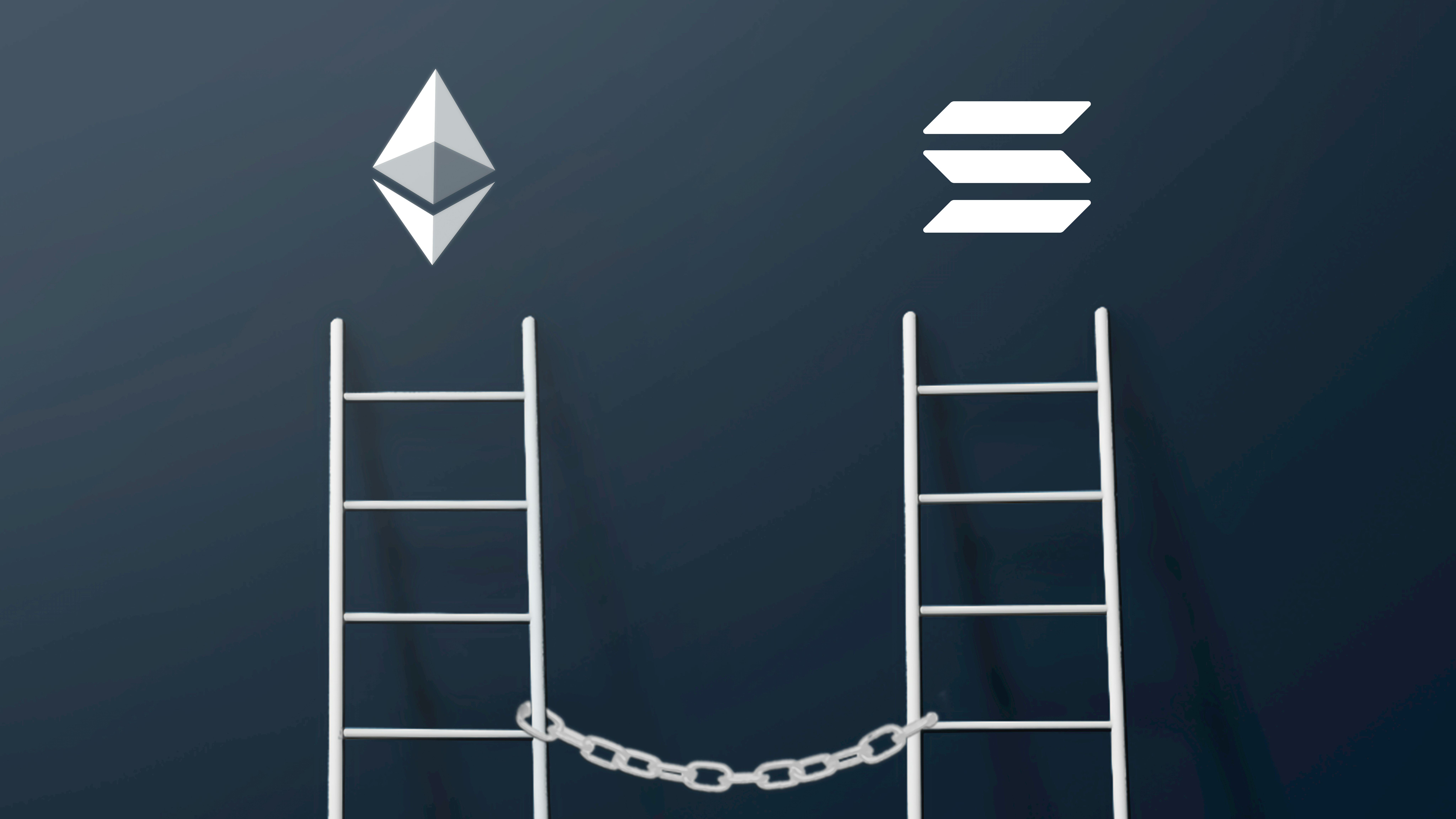 a chain forming a bridge in between two ladders that lead up to cryptocurrency icons for ethereum and solana