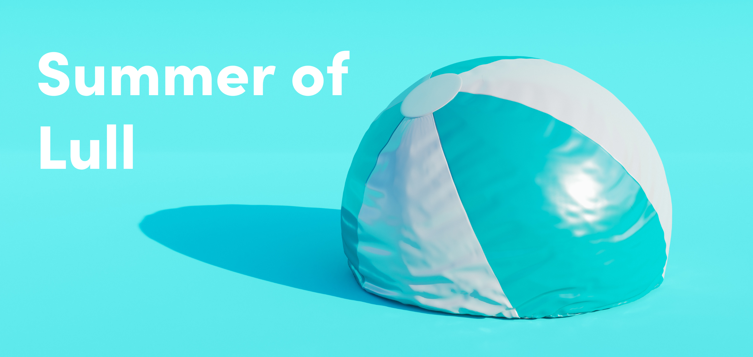 turquoise blue and white beach ball half inflated sitting against a bright blue background
