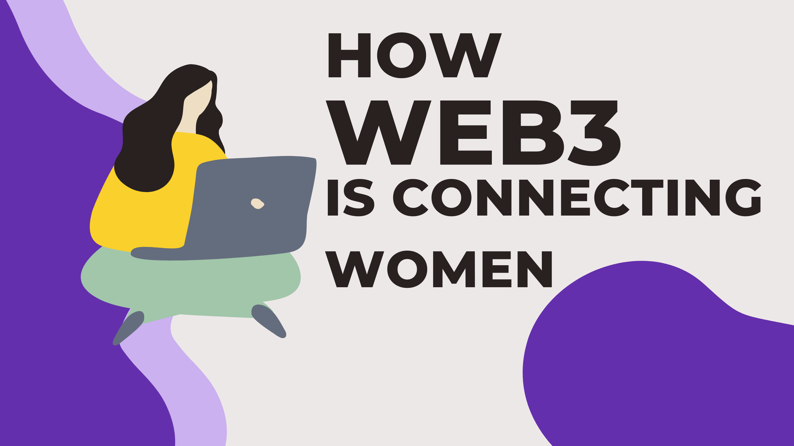 illustrated graphic of woman using a laptop computer against gray and purple background