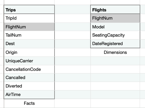 Fictitious major airline trips and flights tables