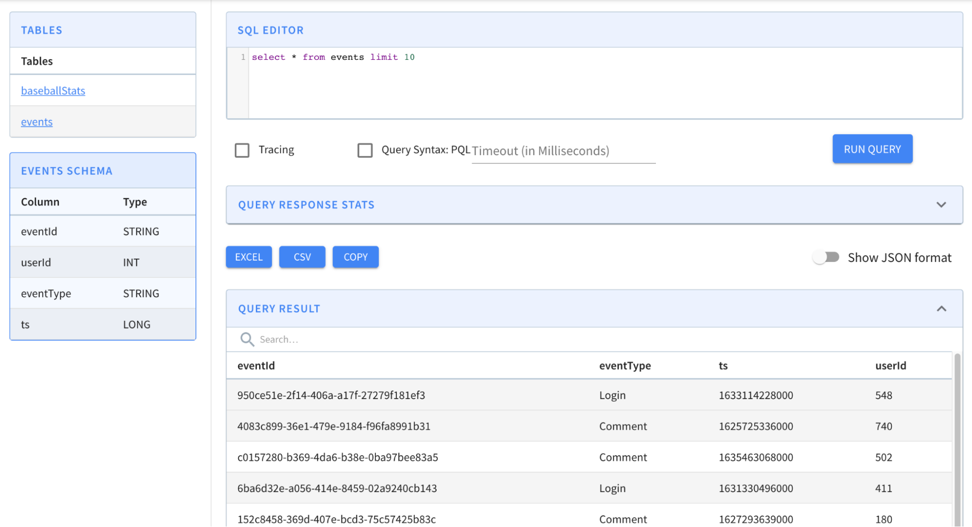 Sample SQL calculation in Query console