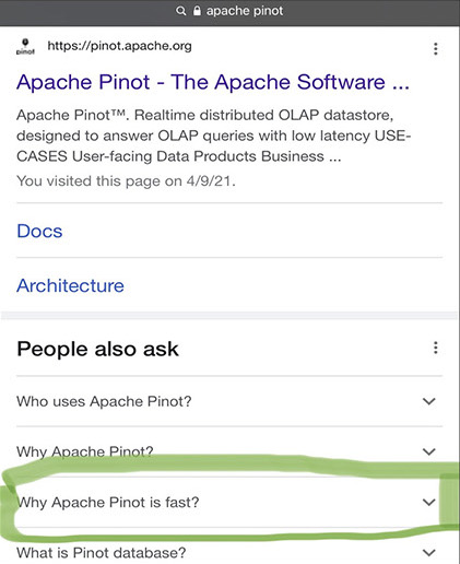 “People also ask” Google search result showcasing “Why Apache Pinot is fast?”