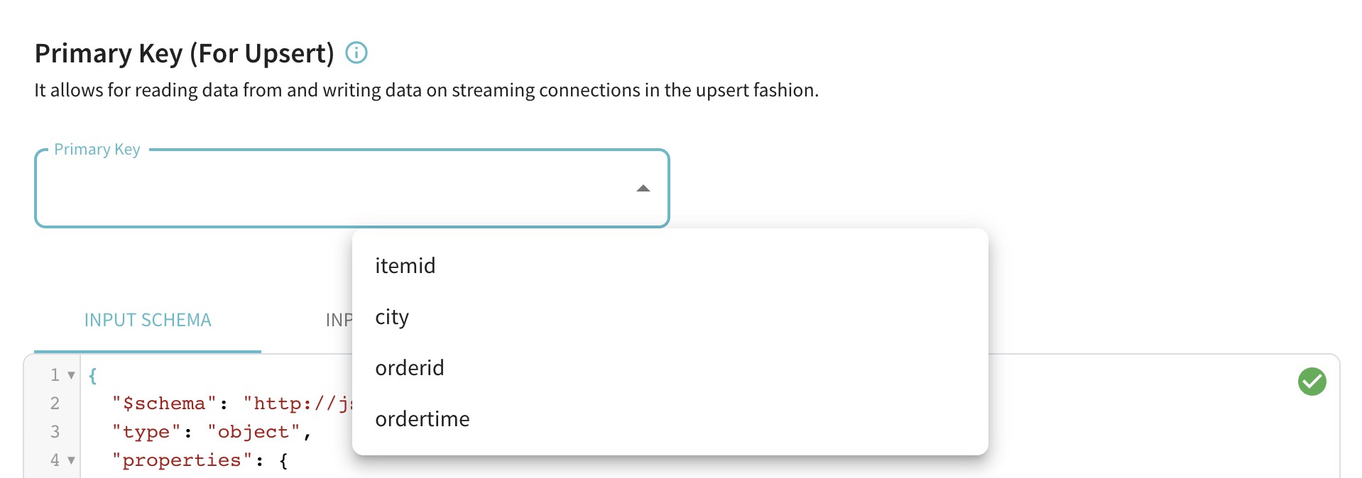 Selecting the primary key column for enabling upserts in real-time datasets