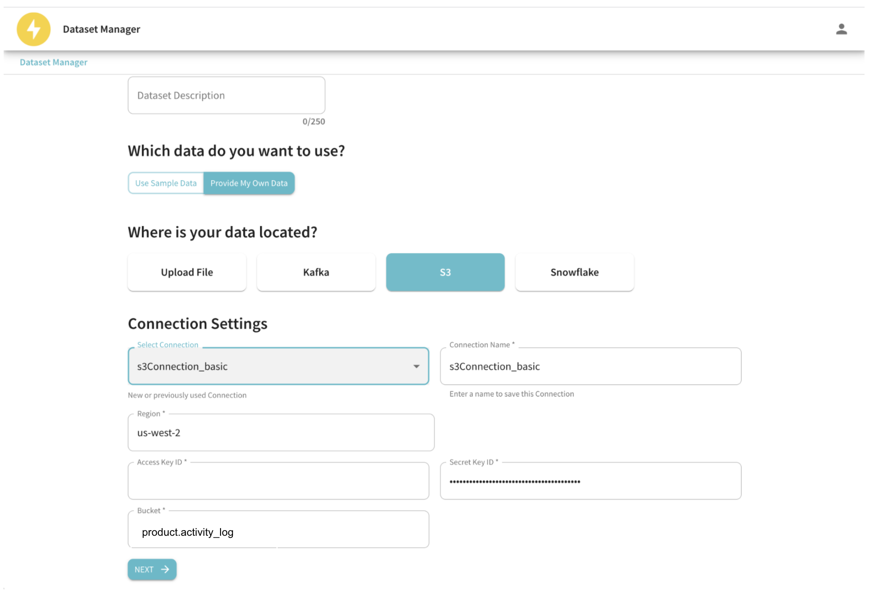 Entering your S3 data source connection details in the StarTree Data Manager portal