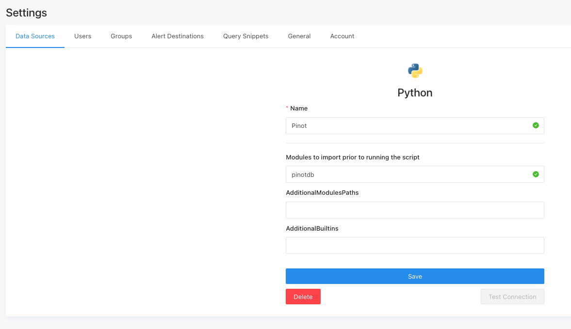 Python data source creation screen