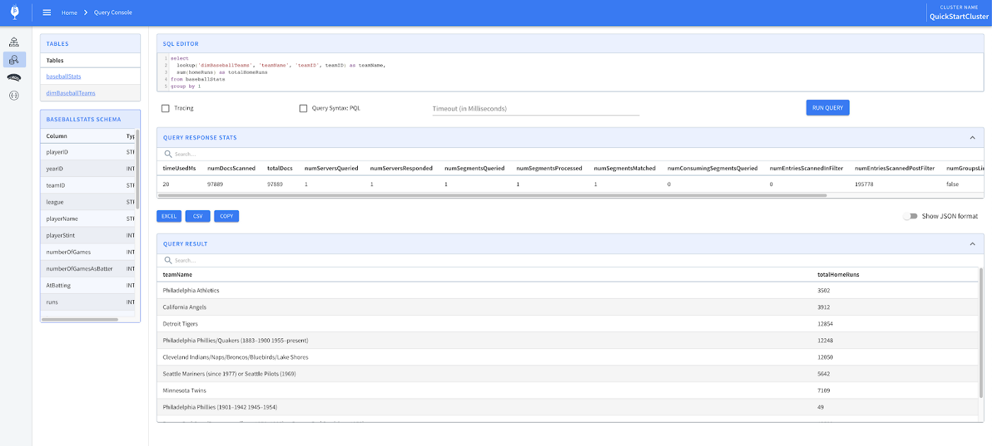 Apache Pinot Query Console view