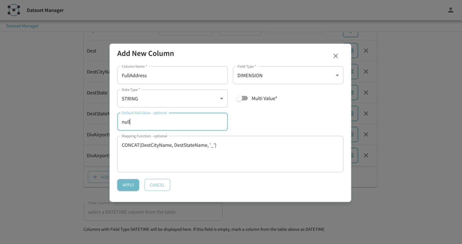 StarTree Dataset Manager schema interference screen