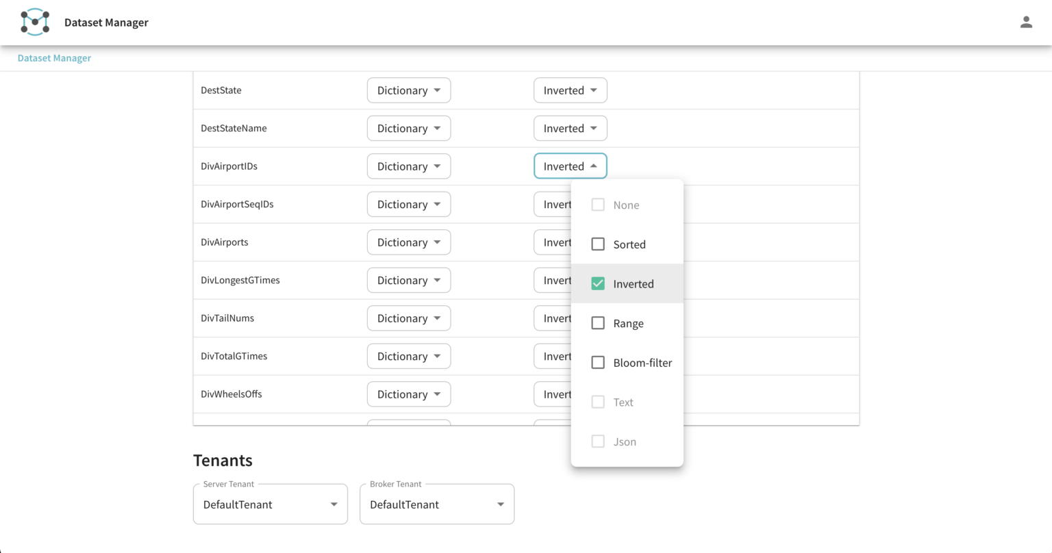 StarTree Dataset Manager index selection and configuration screen