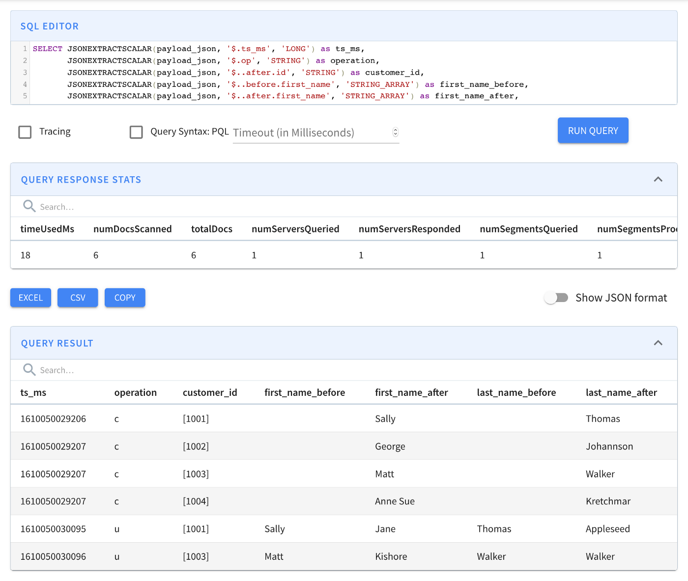 Apache Pinot query console sample results