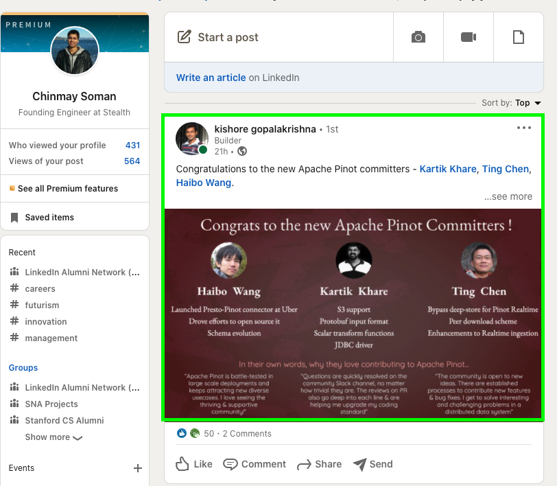 Founding engineer at Stealth, Chinmay Soman's, personalized LinkedIn news feed