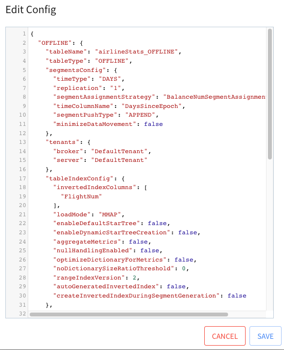 Window with configuration for airlineStats_OFFLINE table