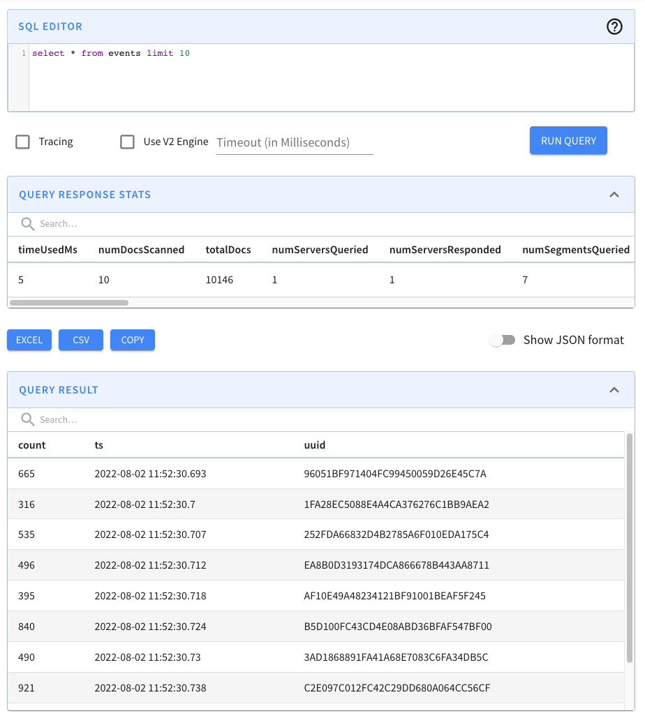 Sample imported records shown in the Apache Pinot Query Console menu