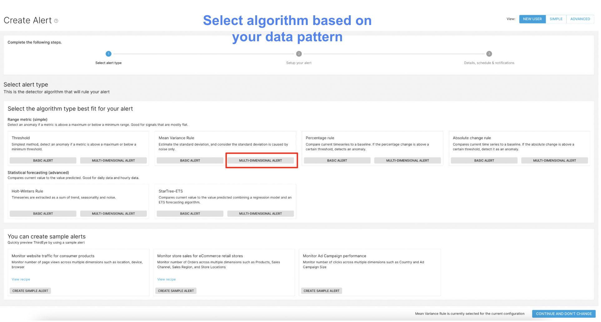 Sample algorithm selection based on data pattern