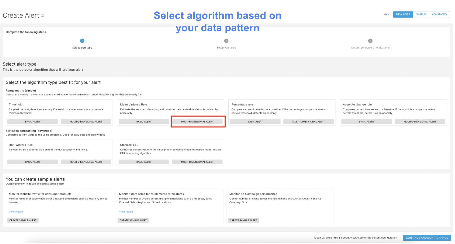 Sample algorithm selection in StarTree ThirdEye based on data patterns