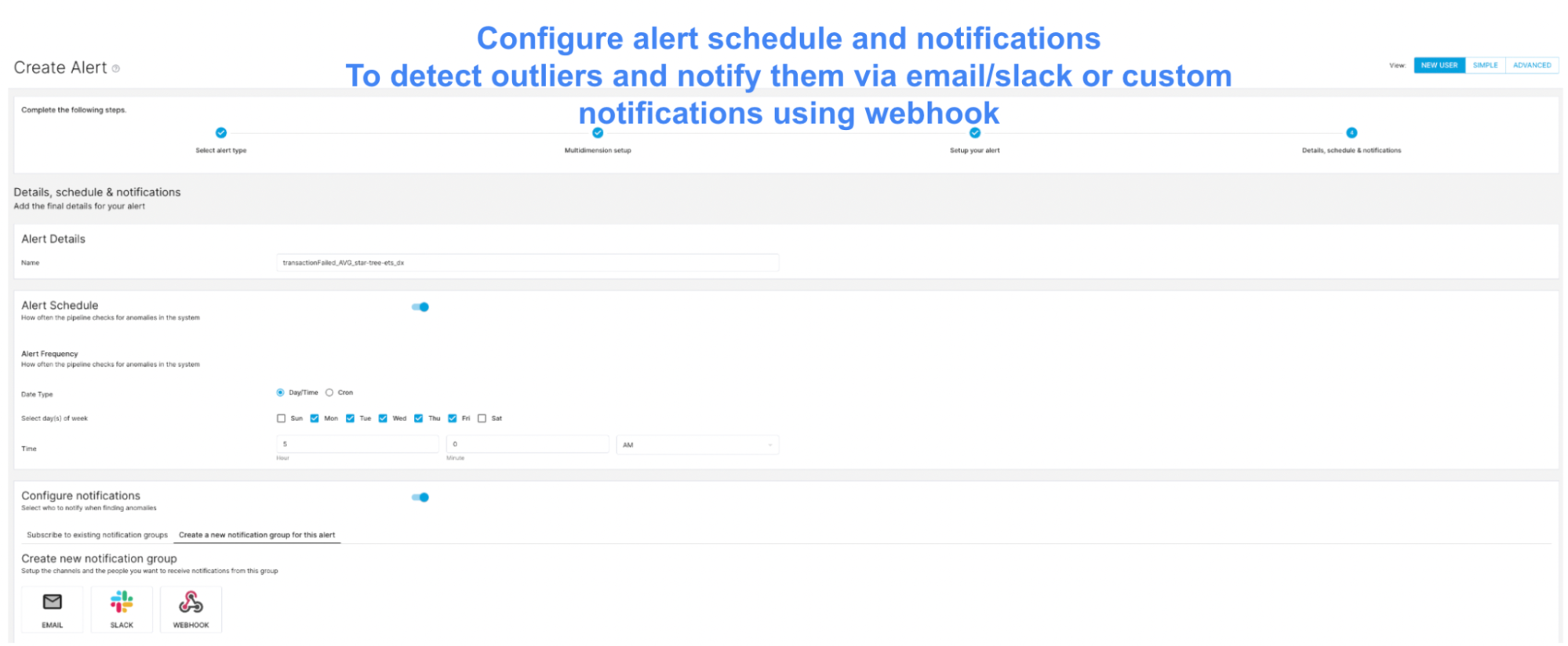 How to configure outlier alert schedule and notifications for email and Slack