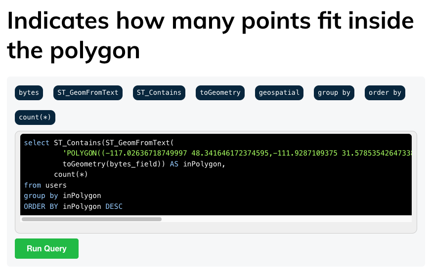 Apache Pinot Playground indicates how many points fit inside the polygon